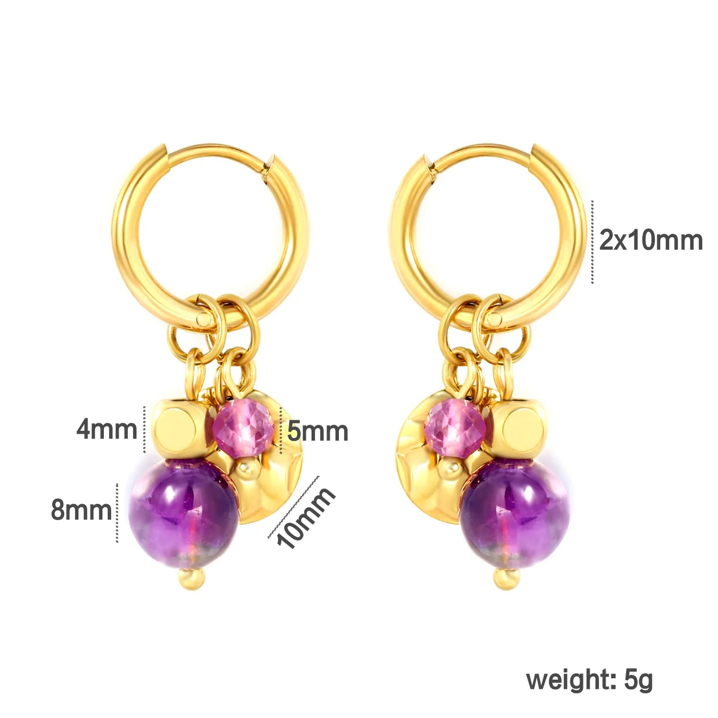 Wholesale Amethyst Bead Mixed Charms Dangle Huggie Hoop Earrings | 18K Gold Plated Stainless Steel Earrings Bulk Order MOQ 12