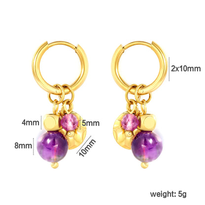 Wholesale Amethyst Bead Mixed Charms Dangle Huggie Hoop Earrings | 18K Gold Plated Stainless Steel Earrings Bulk Order MOQ 12