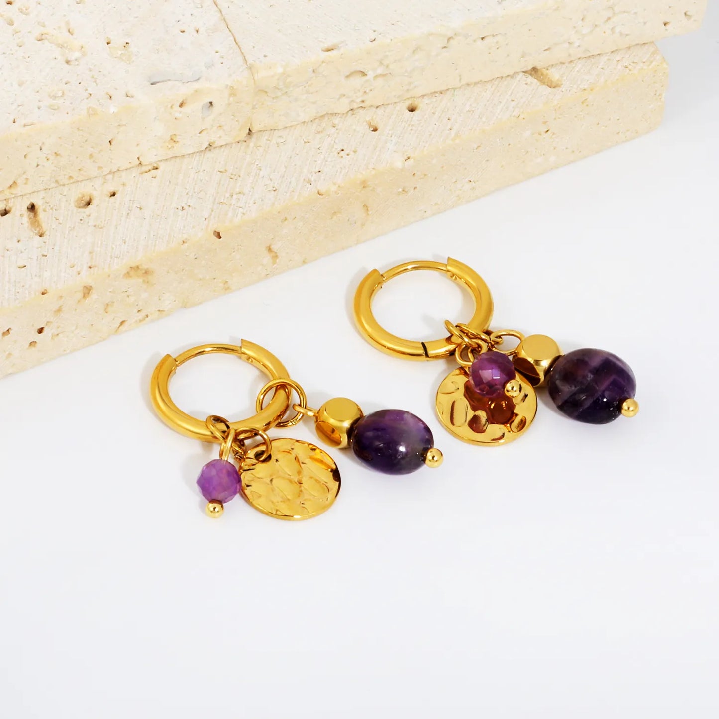 Wholesale Amethyst Bead Mixed Charms Dangle Huggie Hoop Earrings | 18K Gold Plated Stainless Steel Earrings Bulk Order MOQ 12
