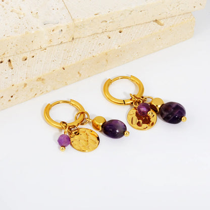Wholesale Amethyst Bead Mixed Charms Dangle Huggie Hoop Earrings | 18K Gold Plated Stainless Steel Earrings Bulk Order MOQ 12