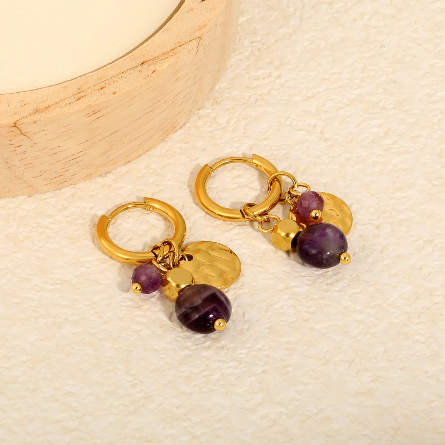 Wholesale Amethyst Bead Mixed Charms Dangle Huggie Hoop Earrings | 18K Gold Plated Stainless Steel Earrings Bulk Order MOQ 12