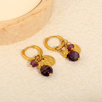Wholesale Amethyst Bead Mixed Charms Dangle Huggie Hoop Earrings | 18K Gold Plated Stainless Steel Earrings Bulk Order MOQ 12