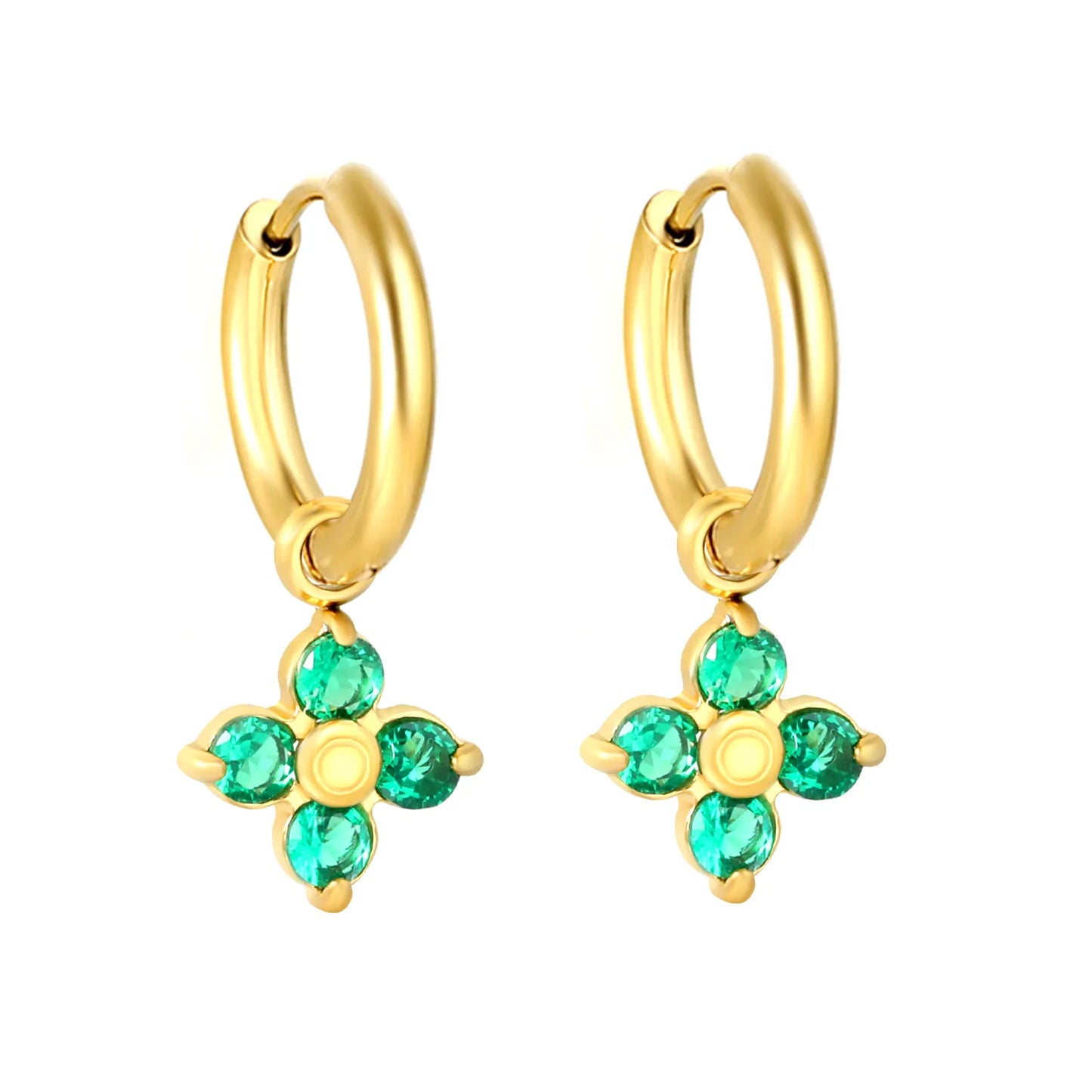 Green Clover Zircon Dangle Huggie Hoop Earrings | 2×10mm Hoop | 9.5mm Four-Leaf Clover Charm | 18K Gold Plated Stainless Steel | Wholesale Order MOQ 12