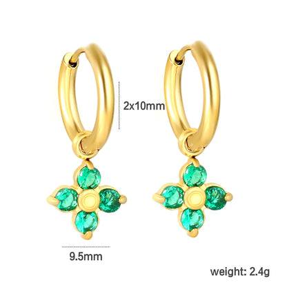 Green Clover Zircon Dangle Huggie Hoop Earrings | 2×10mm Hoop | 9.5mm Four-Leaf Clover Charm | 18K Gold Plated Stainless Steel | Wholesale Order MOQ 12