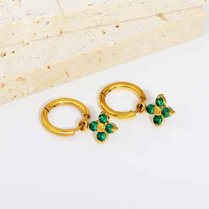 Green Clover Zircon Dangle Huggie Hoop Earrings | 2×10mm Hoop | 9.5mm Four-Leaf Clover Charm | 18K Gold Plated Stainless Steel | Wholesale Order MOQ 12