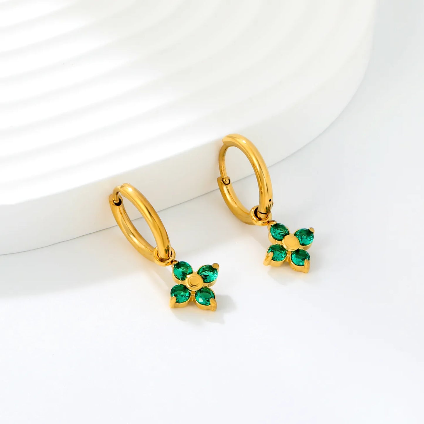 Green Clover Zircon Dangle Huggie Hoop Earrings | 2×10mm Hoop | 9.5mm Four-Leaf Clover Charm | 18K Gold Plated Stainless Steel | Wholesale Order MOQ 12