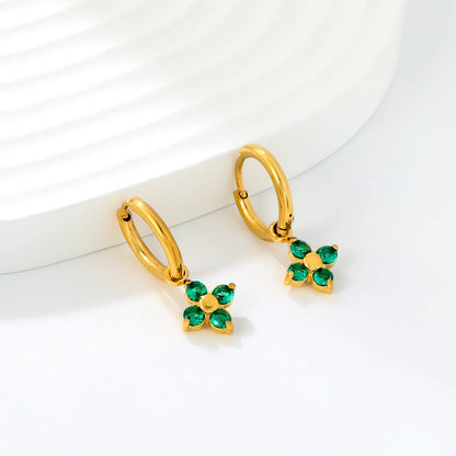 Green Clover Zircon Dangle Huggie Hoop Earrings | 2×10mm Hoop | 9.5mm Four-Leaf Clover Charm | 18K Gold Plated Stainless Steel | Wholesale Order MOQ 12