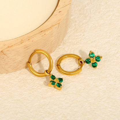Green Clover Zircon Dangle Huggie Hoop Earrings | 2×10mm Hoop | 9.5mm Four-Leaf Clover Charm | 18K Gold Plated Stainless Steel | Wholesale Order MOQ 12