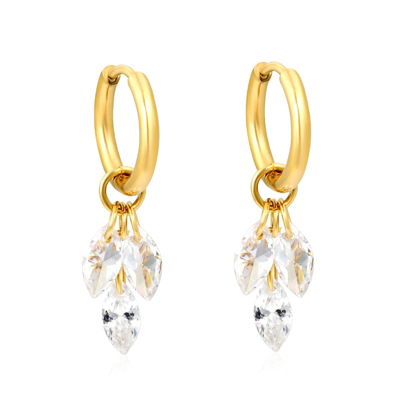 Triple Marquise Crystal Dangle Huggie Hoop Earrings with Zircon Charms | 18K Gold Plated Stainless Steel | Bulk Ordere MOQ 12