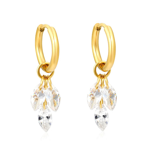 Triple Marquise Crystal Dangle Huggie Hoop Earrings with Zircon Charms | 18K Gold Plated Stainless Steel | Bulk Ordere MOQ 12