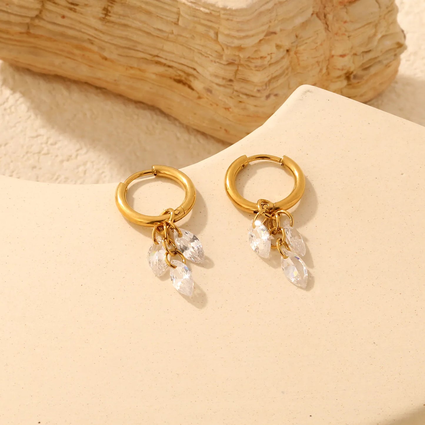 Triple Marquise Crystal Dangle Huggie Hoop Earrings with Zircon Charms | 18K Gold Plated Stainless Steel | Bulk Ordere MOQ 12