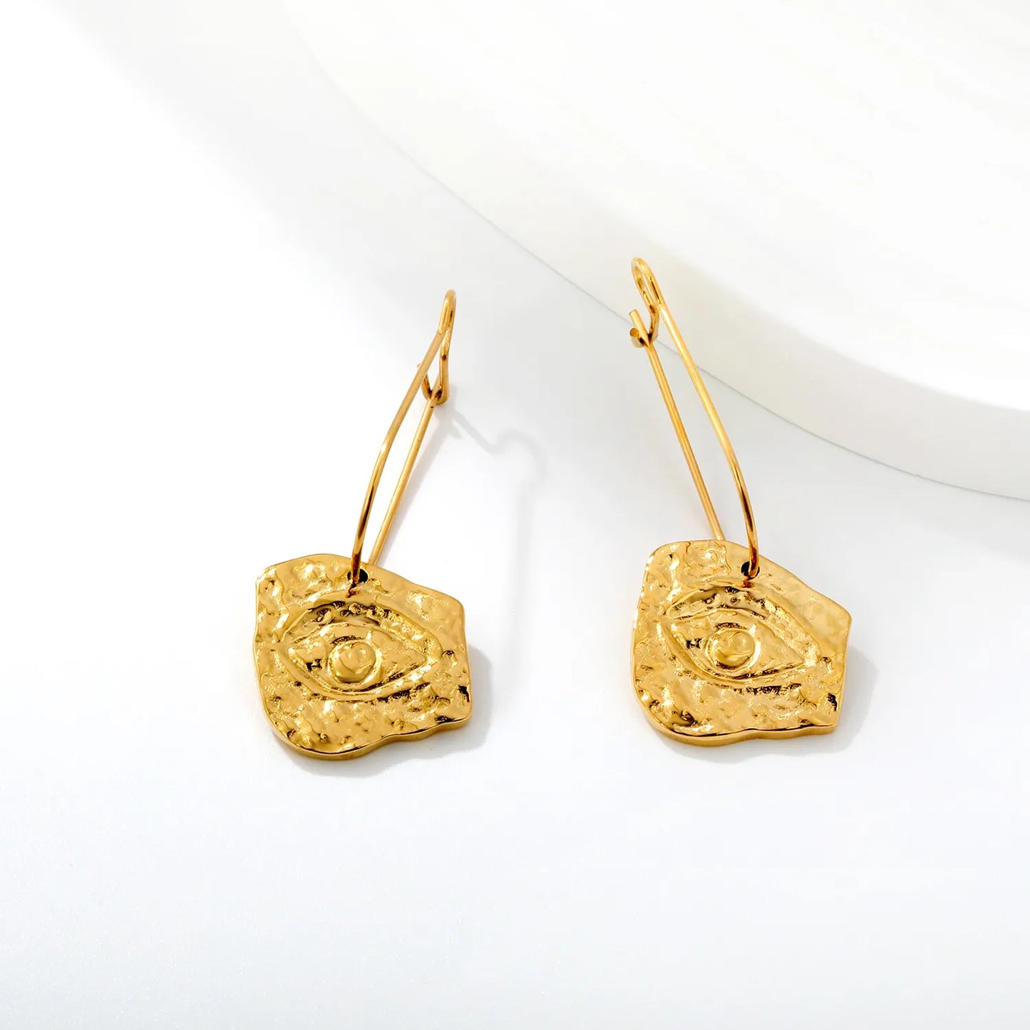 18K Gold Plated Stainless Steel Irregular Hammered Evil Eye Wire Hook Drop Earrings | Vintage Textured Eye Dangle Earrings | Wholesale MOQ 12