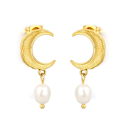 Textured Crescent Moon Freshwater Pearl Dangle Stud Earrings | 18K Gold Plated Stainless Steel Vintage Earrings | Bulk Order MOQ 12