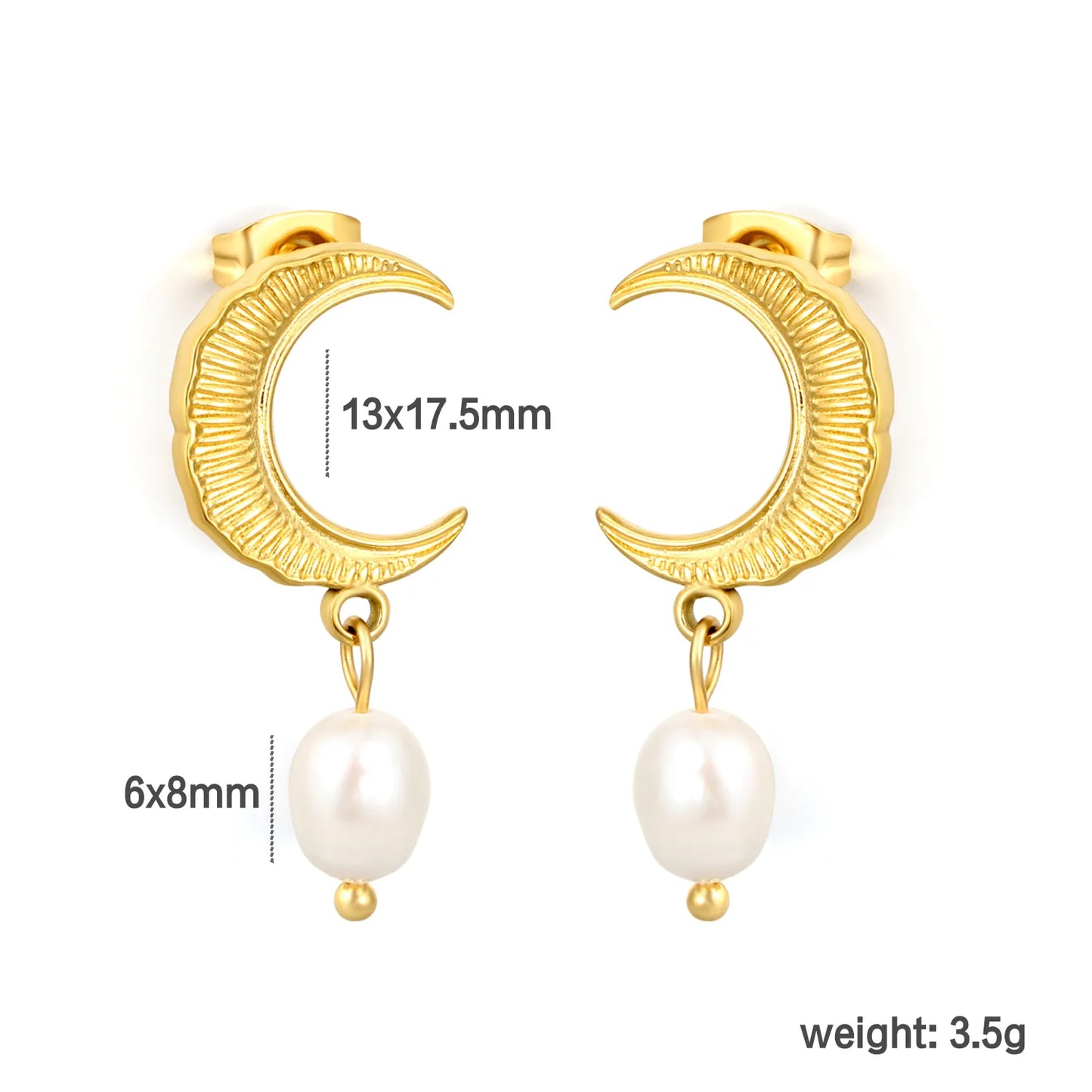 Textured Crescent Moon Freshwater Pearl Dangle Stud Earrings | 18K Gold Plated Stainless Steel Vintage Earrings | Bulk Order MOQ 12