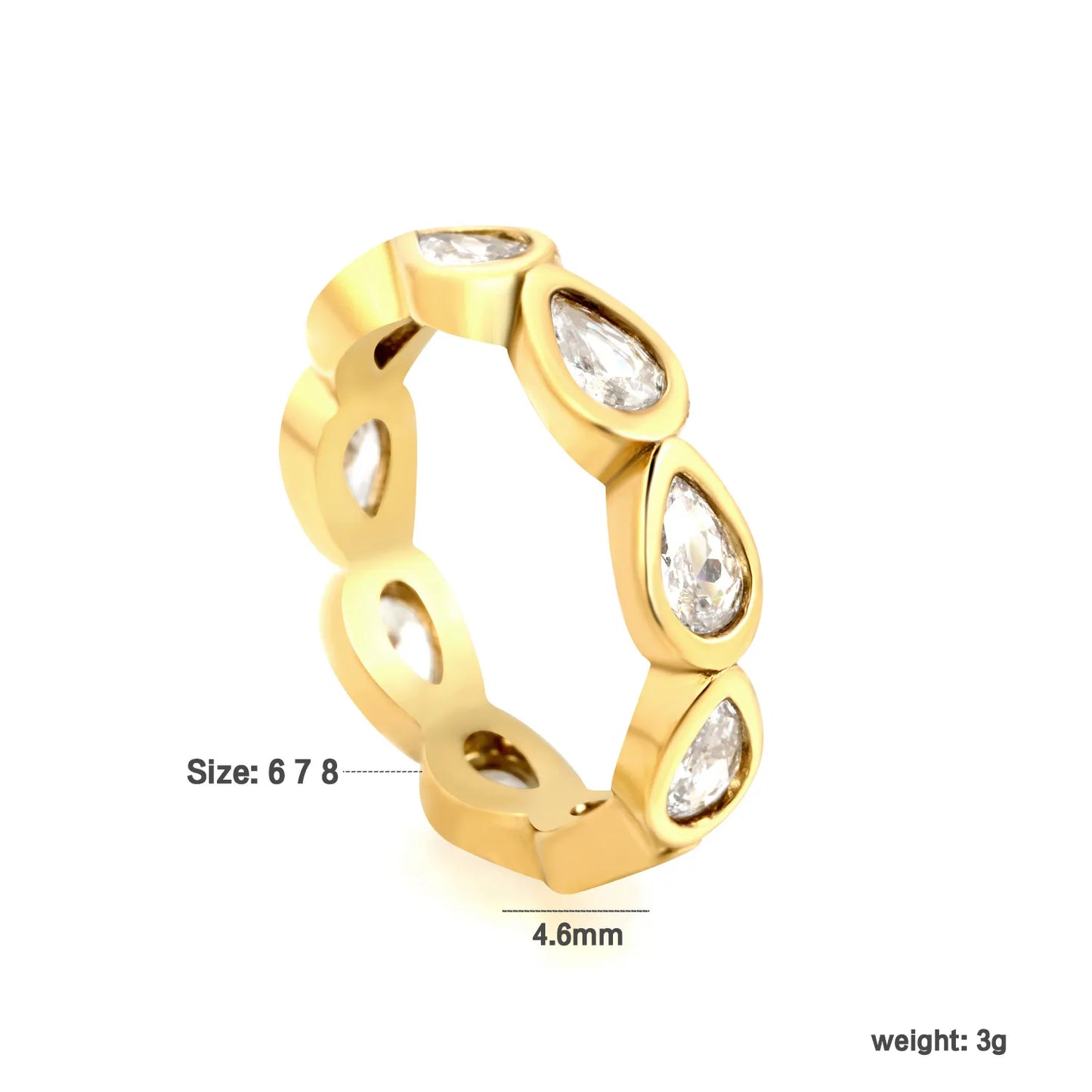 Pear Cut CZ Hollow Eternity Band Ring | Silver & Gold | US Sizes 6/7/8 | 4.6mm Width | Hypoallergenic Stainless Steel Water Drop Crystal Ring | Wholesale MOQ 12