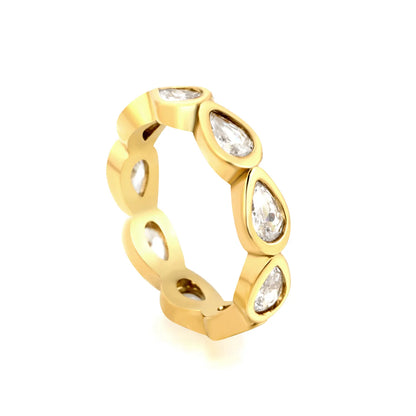 Pear Cut CZ Hollow Eternity Band Ring | Silver & Gold | US Sizes 6/7/8 | 4.6mm Width | Hypoallergenic Stainless Steel Water Drop Crystal Ring | Wholesale MOQ 12