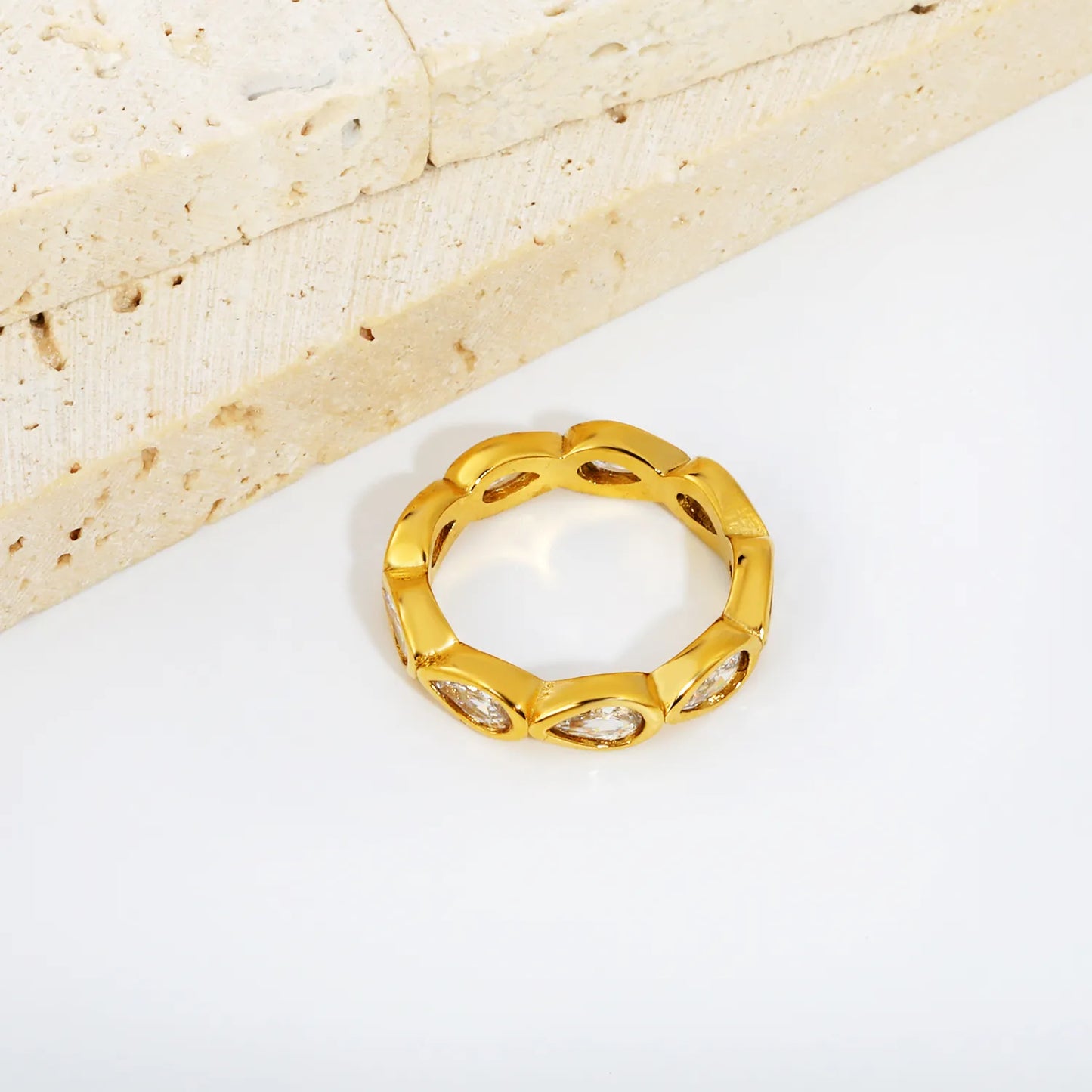 Pear Cut CZ Hollow Eternity Band Ring | Silver & Gold | US Sizes 6/7/8 | 4.6mm Width | Hypoallergenic Stainless Steel Water Drop Crystal Ring | Wholesale MOQ 12