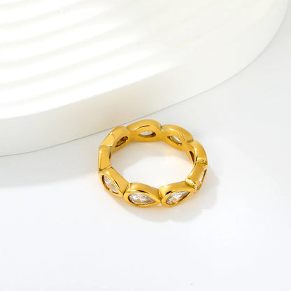 Pear Cut CZ Hollow Eternity Band Ring | Silver & Gold | US Sizes 6/7/8 | 4.6mm Width | Hypoallergenic Stainless Steel Water Drop Crystal Ring | Wholesale MOQ 12