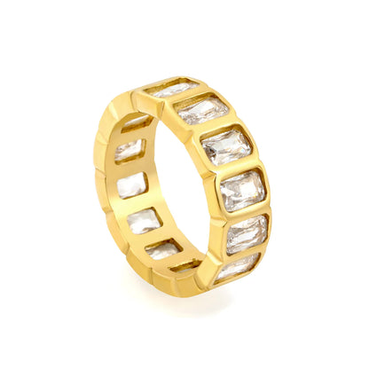 Rectangular Baguette CZ Hollow Eternity Band Ring | Silver & Gold | US Sizes 6/7/8 | 6.7mm Width | Tarnish Resistant Stainless Steel Ring | Wholesale MOQ 12
