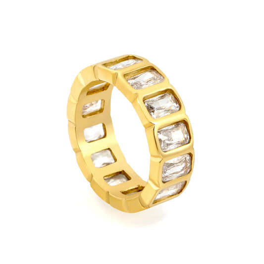 Rectangular Baguette CZ Hollow Eternity Band Ring | Silver & Gold | US Sizes 6/7/8 | 6.7mm Width | Tarnish Resistant Stainless Steel Ring | Wholesale MOQ 12