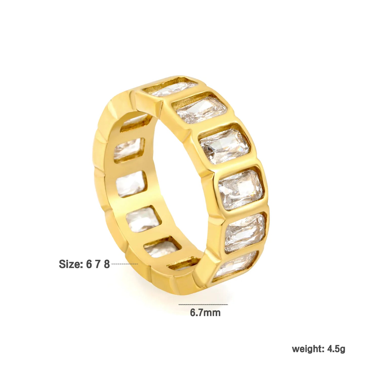 Rectangular Baguette CZ Hollow Eternity Band Ring | Silver & Gold | US Sizes 6/7/8 | 6.7mm Width | Tarnish Resistant Stainless Steel Ring | Wholesale MOQ 12