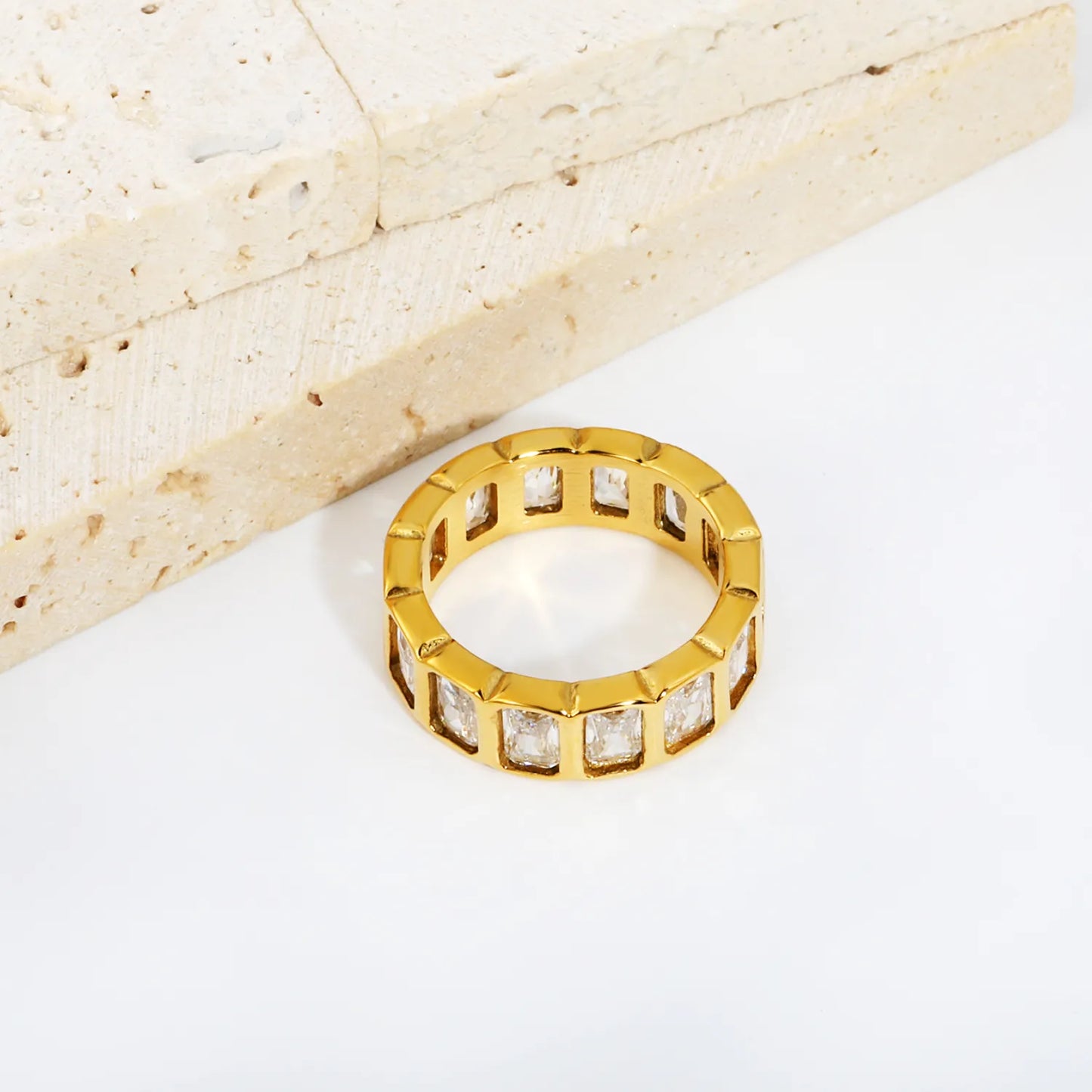 Rectangular Baguette CZ Hollow Eternity Band Ring | Silver & Gold | US Sizes 6/7/8 | 6.7mm Width | Tarnish Resistant Stainless Steel Ring | Wholesale MOQ 12