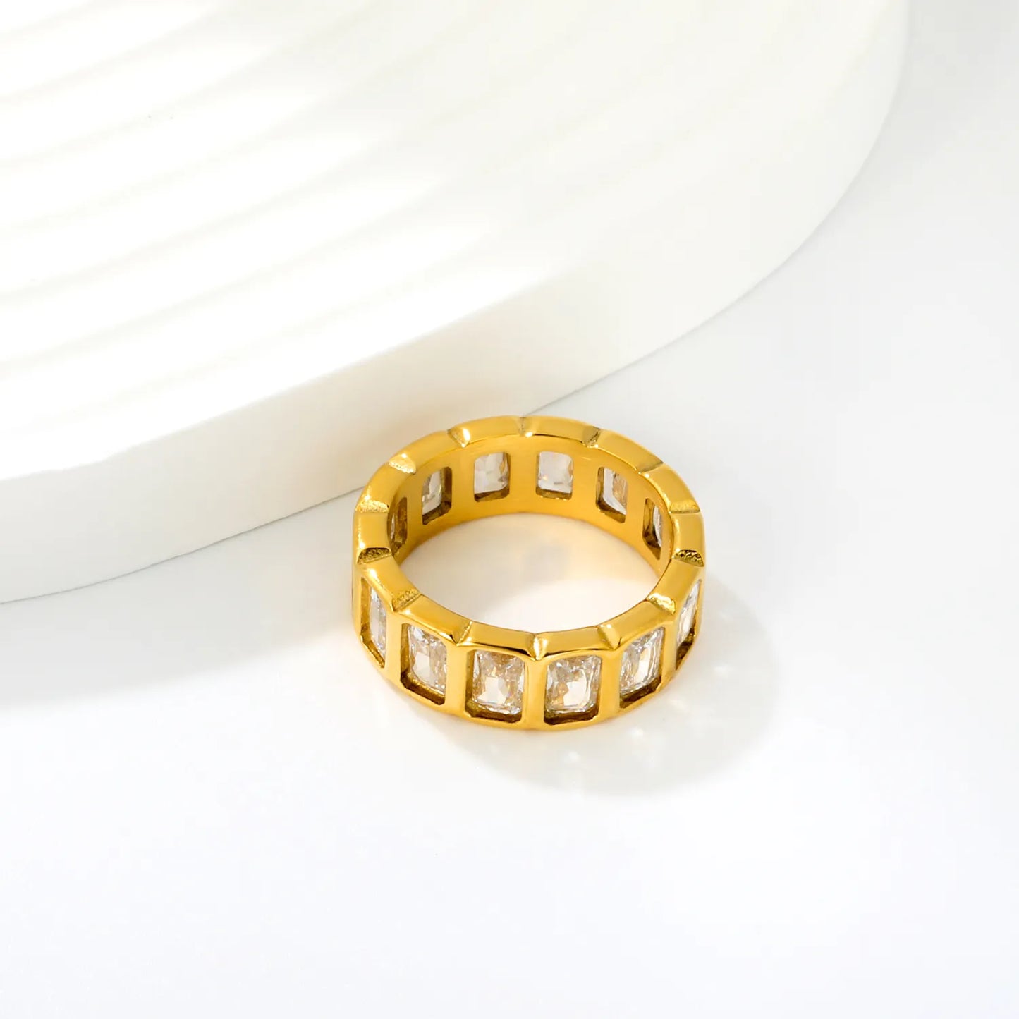 Rectangular Baguette CZ Hollow Eternity Band Ring | Silver & Gold | US Sizes 6/7/8 | 6.7mm Width | Tarnish Resistant Stainless Steel Ring | Wholesale MOQ 12