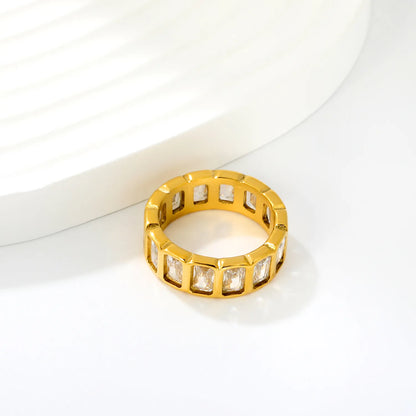 Rectangular Baguette CZ Hollow Eternity Band Ring | Silver & Gold | US Sizes 6/7/8 | 6.7mm Width | Tarnish Resistant Stainless Steel Ring | Wholesale MOQ 12