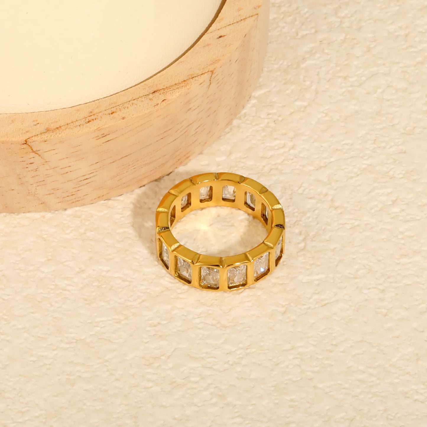 Rectangular Baguette CZ Hollow Eternity Band Ring | Silver & Gold | US Sizes 6/7/8 | 6.7mm Width | Tarnish Resistant Stainless Steel Ring | Wholesale MOQ 12