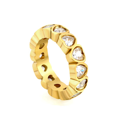 Full Eternity Heart Cut CZ Band Ring | 2 Finishes Gold & Silver | Sizes 6/7/8 | 5mm Width | Hypoallergenic Stainless Steel Ring | Wholesale MOQ 12