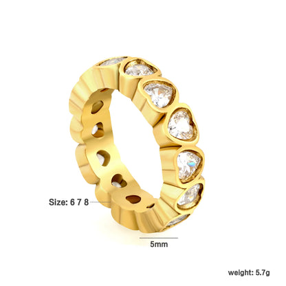 Full Eternity Heart Cut CZ Band Ring | 2 Finishes Gold & Silver | Sizes 6/7/8 | 5mm Width | Hypoallergenic Stainless Steel Ring | Wholesale MOQ 12