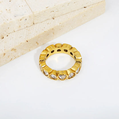 Full Eternity Heart Cut CZ Band Ring | 2 Finishes Gold & Silver | Sizes 6/7/8 | 5mm Width | Hypoallergenic Stainless Steel Ring | Wholesale MOQ 12