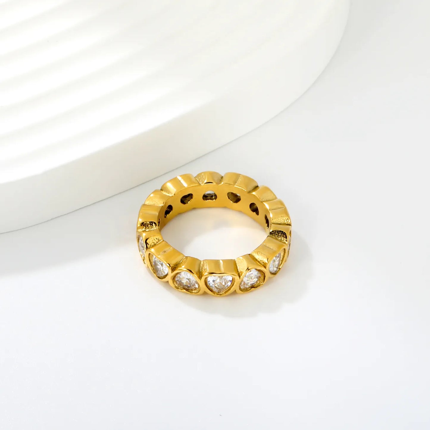Full Eternity Heart Cut CZ Band Ring | 2 Finishes Gold & Silver | Sizes 6/7/8 | 5mm Width | Hypoallergenic Stainless Steel Ring | Wholesale MOQ 12