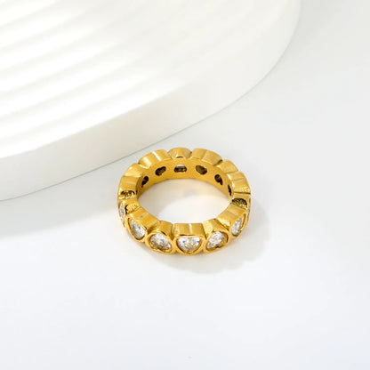 Full Eternity Heart Cut CZ Band Ring | 2 Finishes Gold & Silver | Sizes 6/7/8 | 5mm Width | Hypoallergenic Stainless Steel Ring | Wholesale MOQ 12