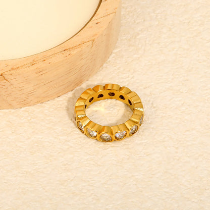 Full Eternity Heart Cut CZ Band Ring | 2 Finishes Gold & Silver | Sizes 6/7/8 | 5mm Width | Hypoallergenic Stainless Steel Ring | Wholesale MOQ 12
