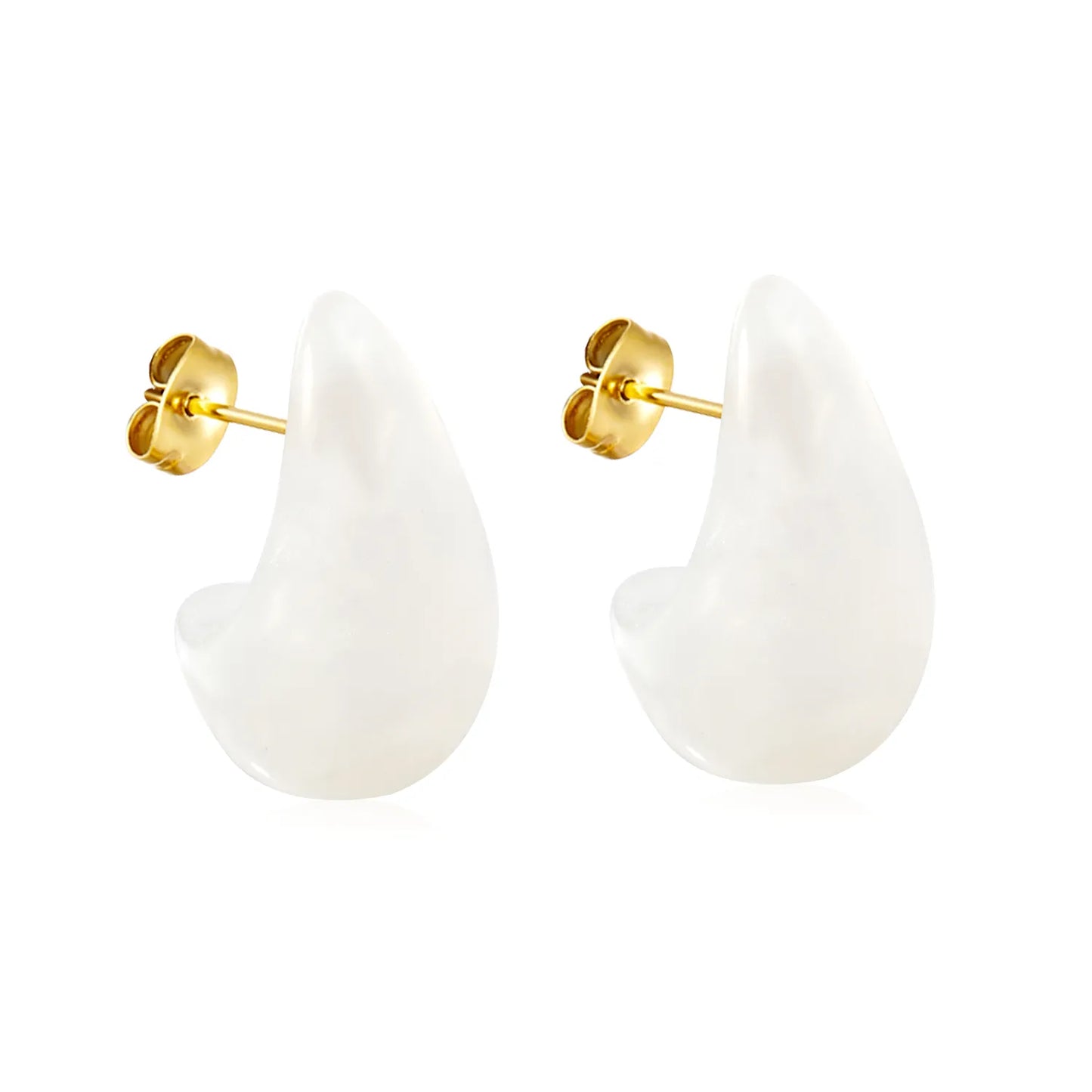 Marbled Resin Curved Teardrop Stud Earrings | White & Tortoise Shell | 18K Gold Plated Stainless Steel Chunky C Shape Earrings MOQ 12