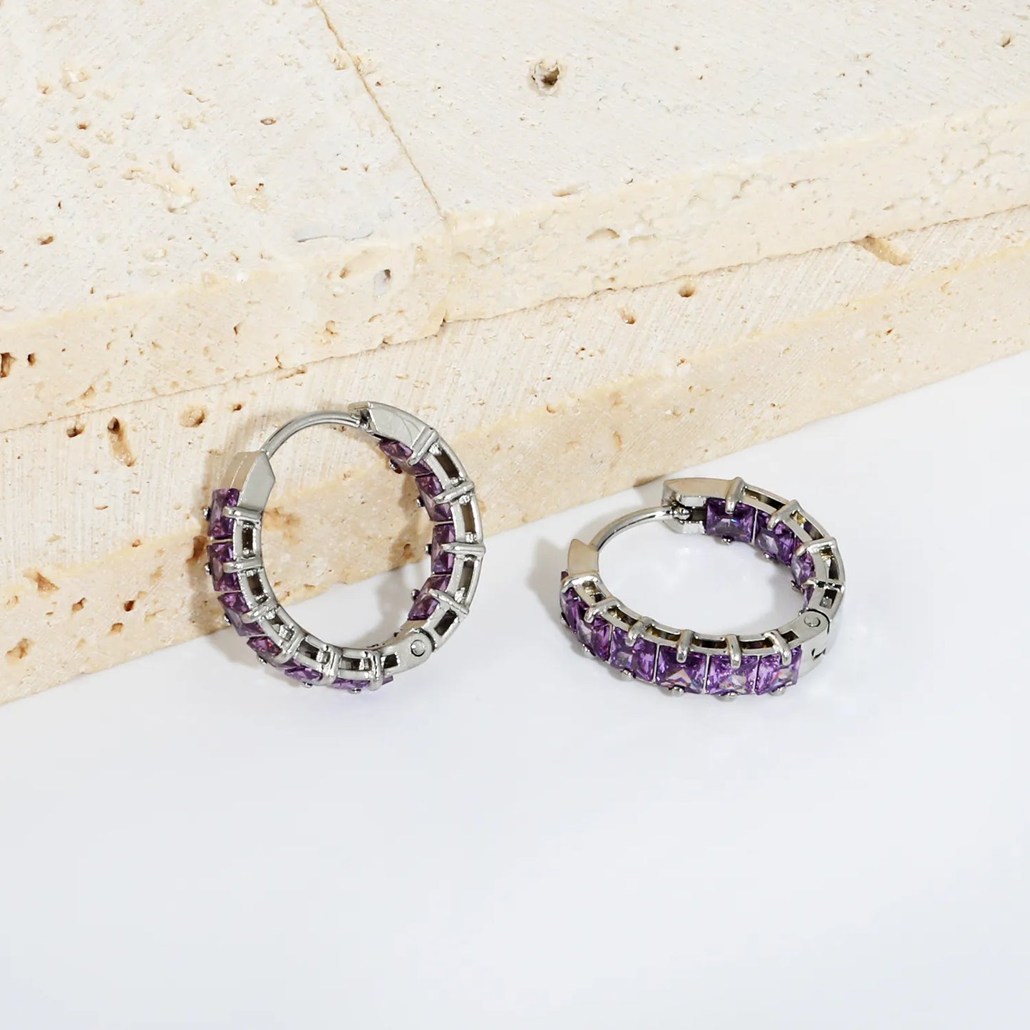 Square Purple Cubic Zirconia Open Hollow Huggie Hoop Earrings | Gold & Silver | Hypoallergenic Stainless Steel Small Sparkle Hoop Earrings | Wholesale MOQ 12