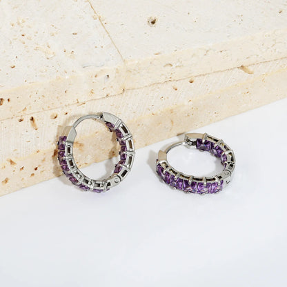 Square Purple Cubic Zirconia Open Hollow Huggie Hoop Earrings | Gold & Silver | Hypoallergenic Stainless Steel Small Sparkle Hoop Earrings | Wholesale MOQ 12