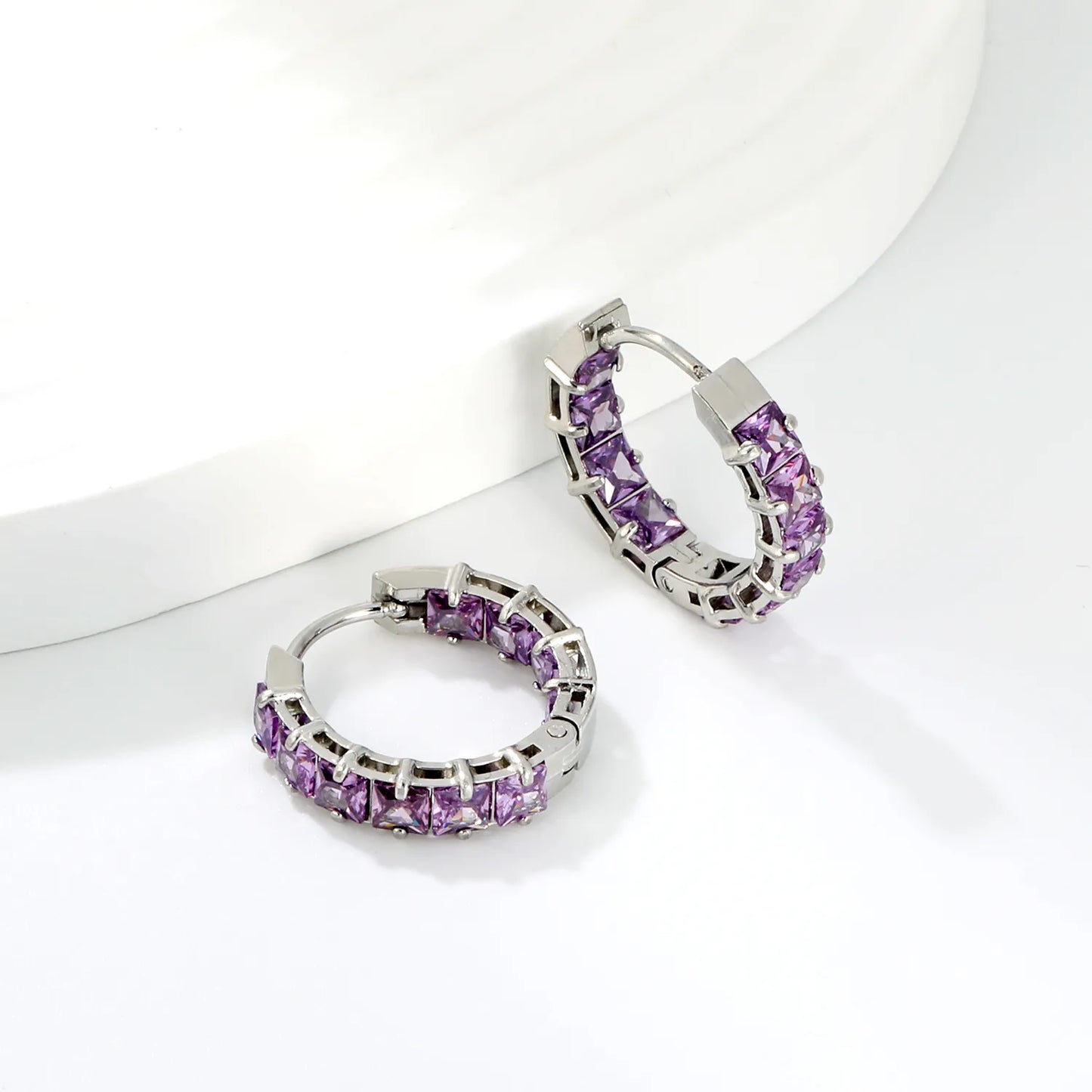 Square Purple Cubic Zirconia Open Hollow Huggie Hoop Earrings | Gold & Silver | Hypoallergenic Stainless Steel Small Sparkle Hoop Earrings | Wholesale MOQ 12