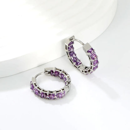 Square Purple Cubic Zirconia Open Hollow Huggie Hoop Earrings | Gold & Silver | Hypoallergenic Stainless Steel Small Sparkle Hoop Earrings | Wholesale MOQ 12