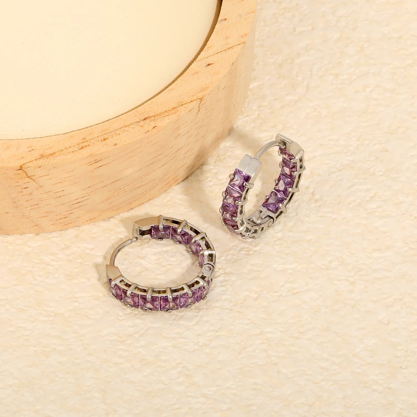 Square Purple Cubic Zirconia Open Hollow Huggie Hoop Earrings | Gold & Silver | Hypoallergenic Stainless Steel Small Sparkle Hoop Earrings | Wholesale MOQ 12