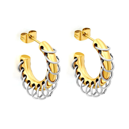 Two-Tone Dangle Chain C-Hoop Stud Earrings | 18K Gold Plated Stainless Steel Punk Hollow Hoop Earrings | Wholesale MOQ 12