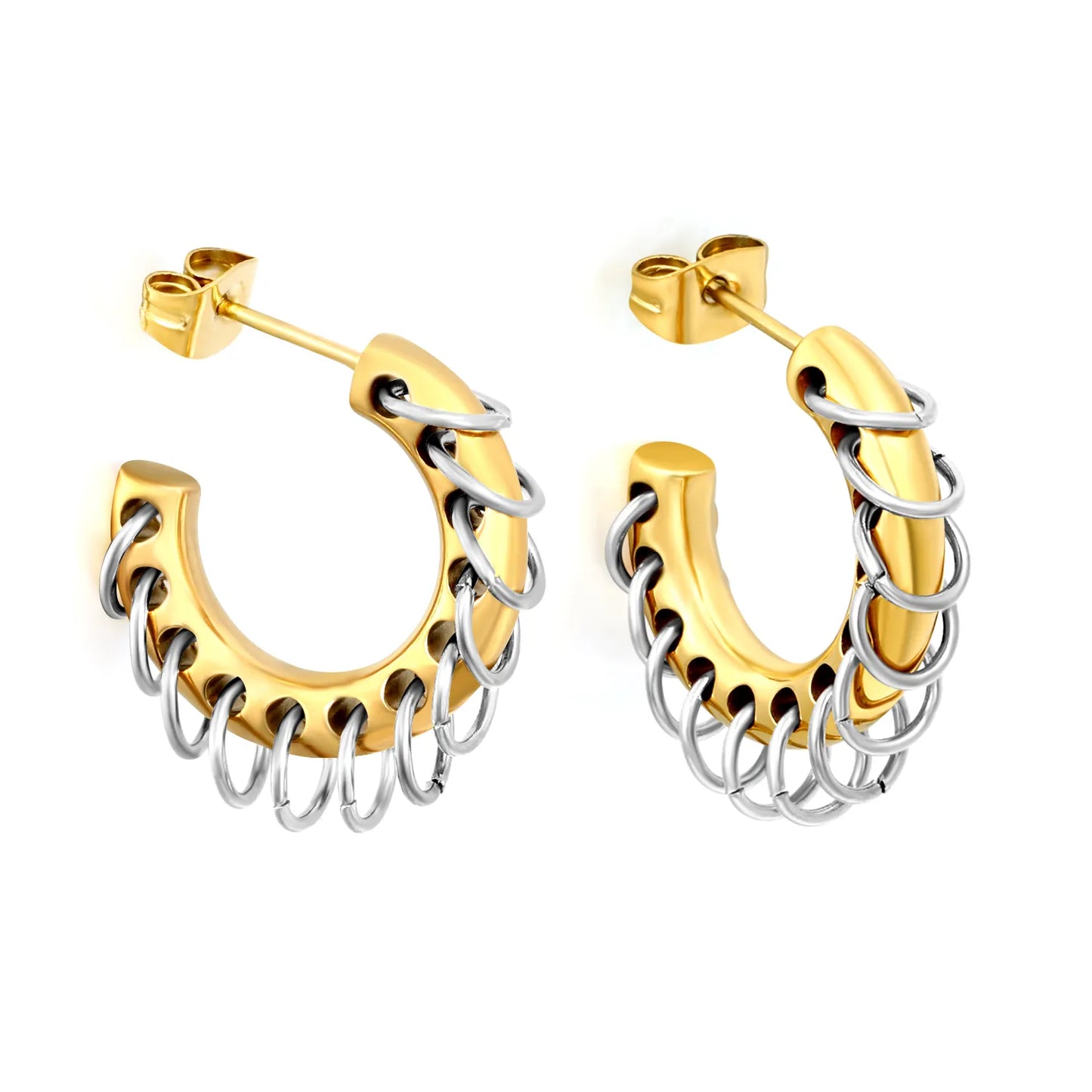 Two-Tone Dangle Chain C-Hoop Stud Earrings | 18K Gold Plated Stainless Steel Punk Hollow Hoop Earrings | Wholesale MOQ 12