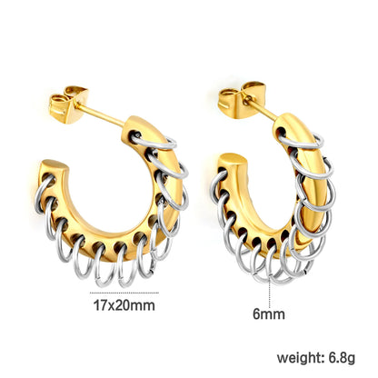 Two-Tone Dangle Chain C-Hoop Stud Earrings | 18K Gold Plated Stainless Steel Punk Hollow Hoop Earrings | Wholesale MOQ 12