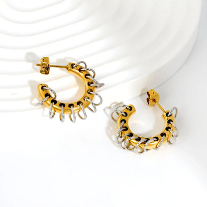 Two-Tone Dangle Chain C-Hoop Stud Earrings | 18K Gold Plated Stainless Steel Punk Hollow Hoop Earrings | Wholesale MOQ 12