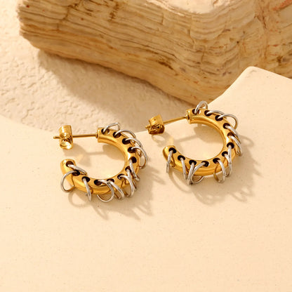 Two-Tone Dangle Chain C-Hoop Stud Earrings | 18K Gold Plated Stainless Steel Punk Hollow Hoop Earrings | Wholesale MOQ 12