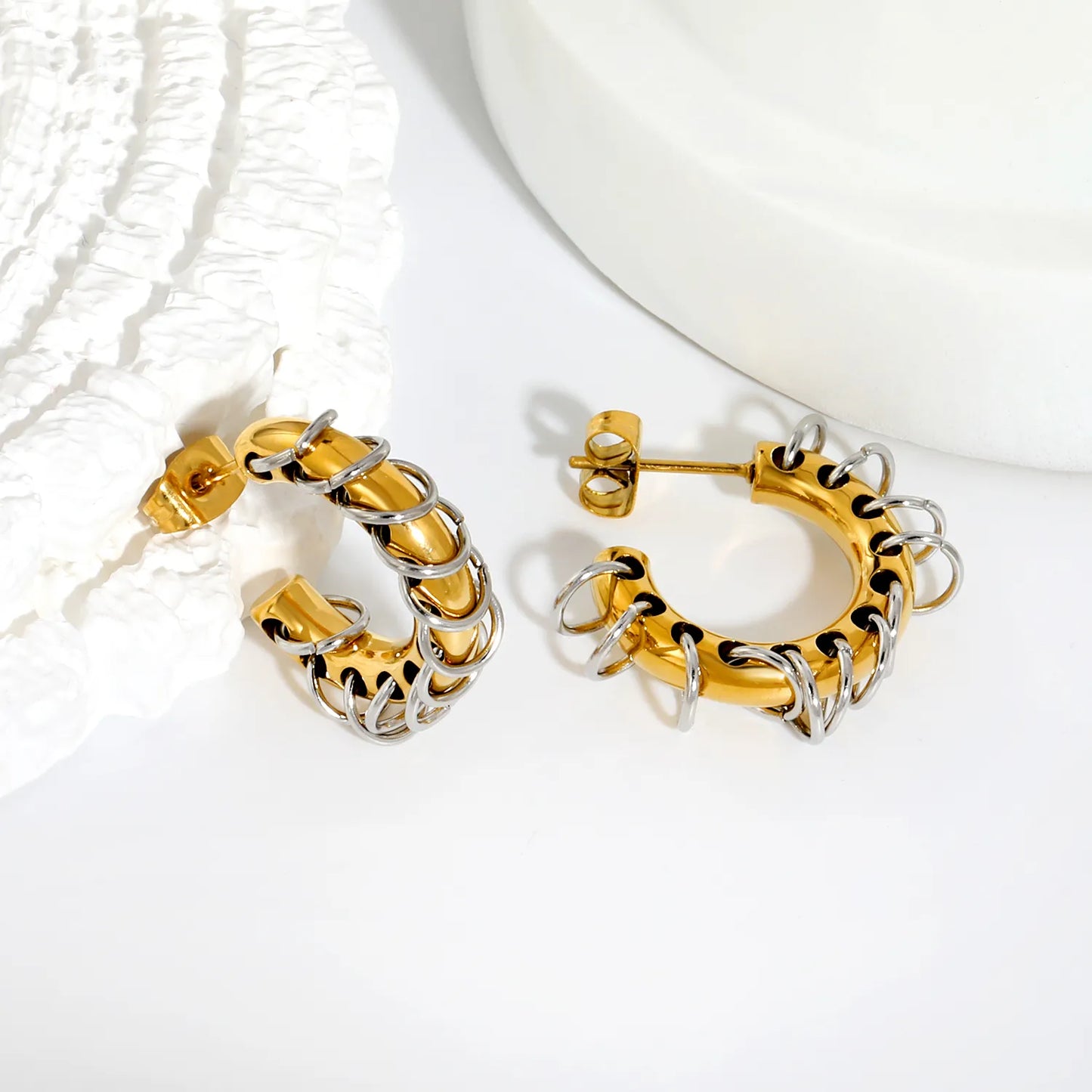 Two-Tone Dangle Chain C-Hoop Stud Earrings | 18K Gold Plated Stainless Steel Punk Hollow Hoop Earrings | Wholesale MOQ 12