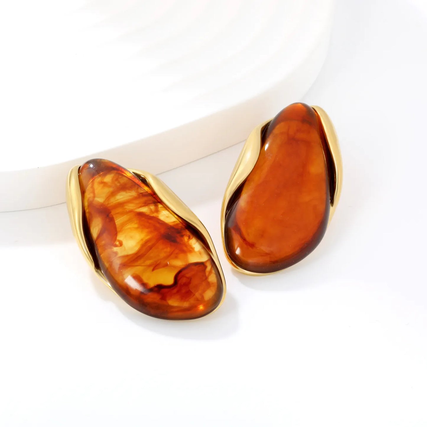 3 Colors Irregular Oval Resin Earrings | 20×37mm | 18K Gold Plated Stainless Steel Statement Earrings | Wholesale MOQ 12