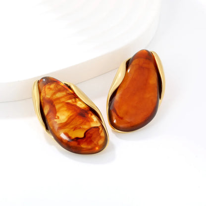 3 Colors Irregular Oval Resin Earrings | 20×37mm | 18K Gold Plated Stainless Steel Statement Earrings | Wholesale MOQ 12