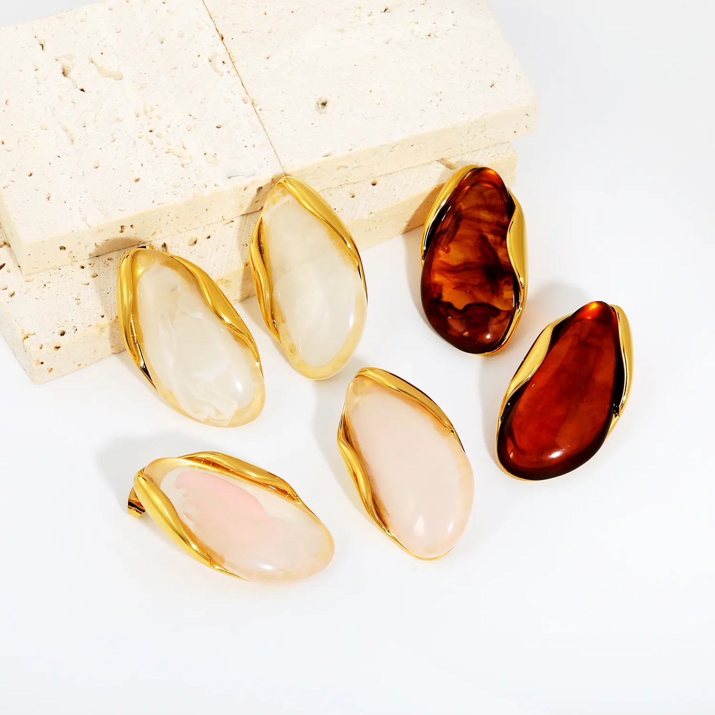 3 Colors Irregular Oval Resin Earrings | 20×37mm | 18K Gold Plated Stainless Steel Statement Earrings | Wholesale MOQ 12
